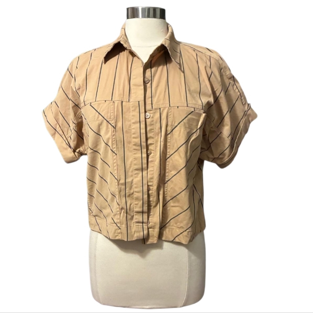 W Worthington | Beige and Black Striped Button Down Crop Top Size Medium